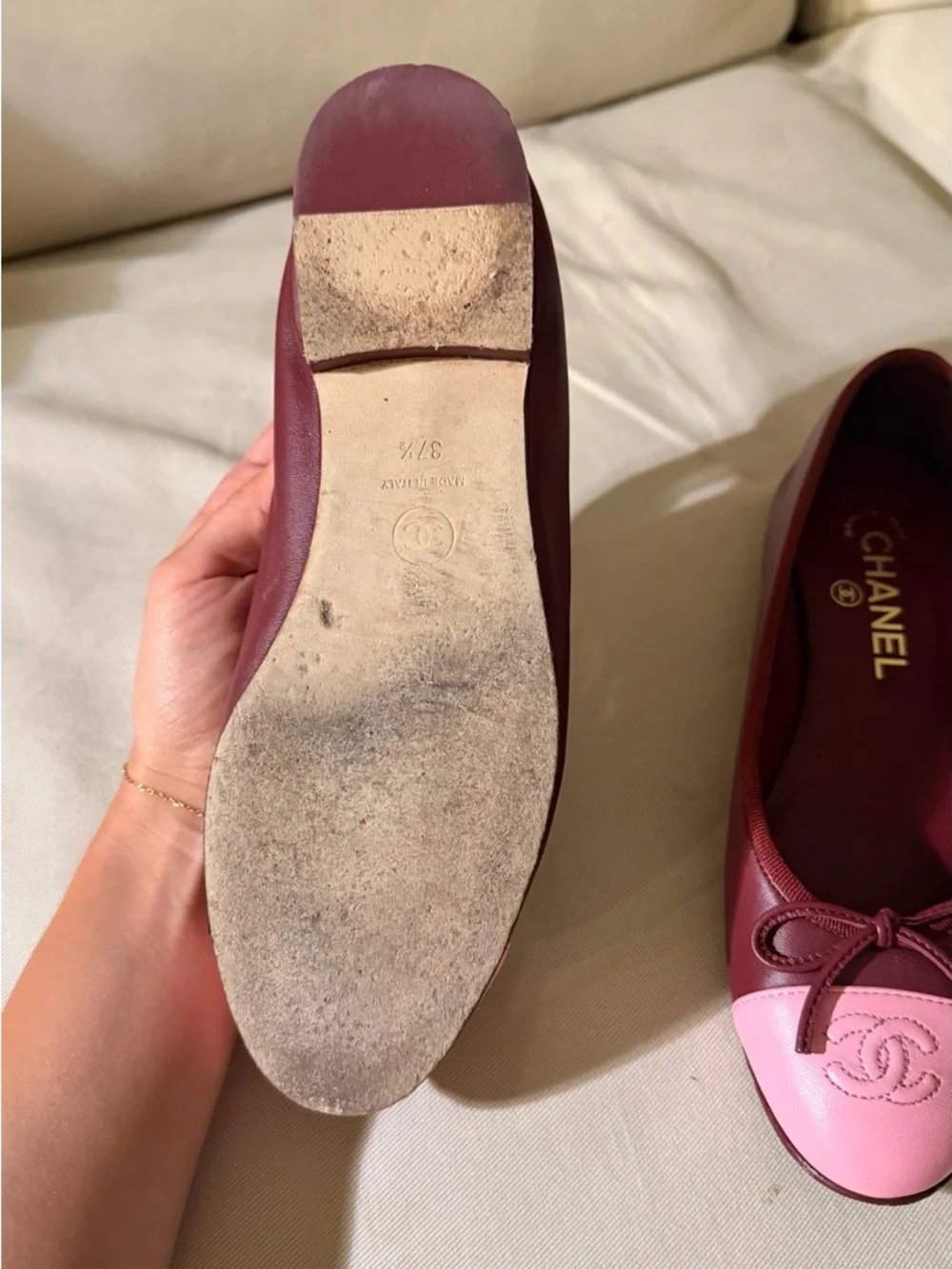 Chanel Two-Tone Pink & Burgundy Cap-Toe Ballet Flats - Picture 9 of 10
